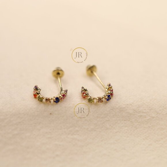 14K Solid Yellow Gold Huggies Hoops ·CZ in Pink, Multicolor, Red, Black and Blue - Picture 7 of 15